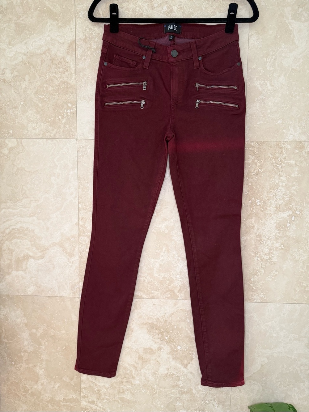 PAIGE Edgemont Ultra Skinny Jeans Size 27 Burgundy Moto Zip NWT